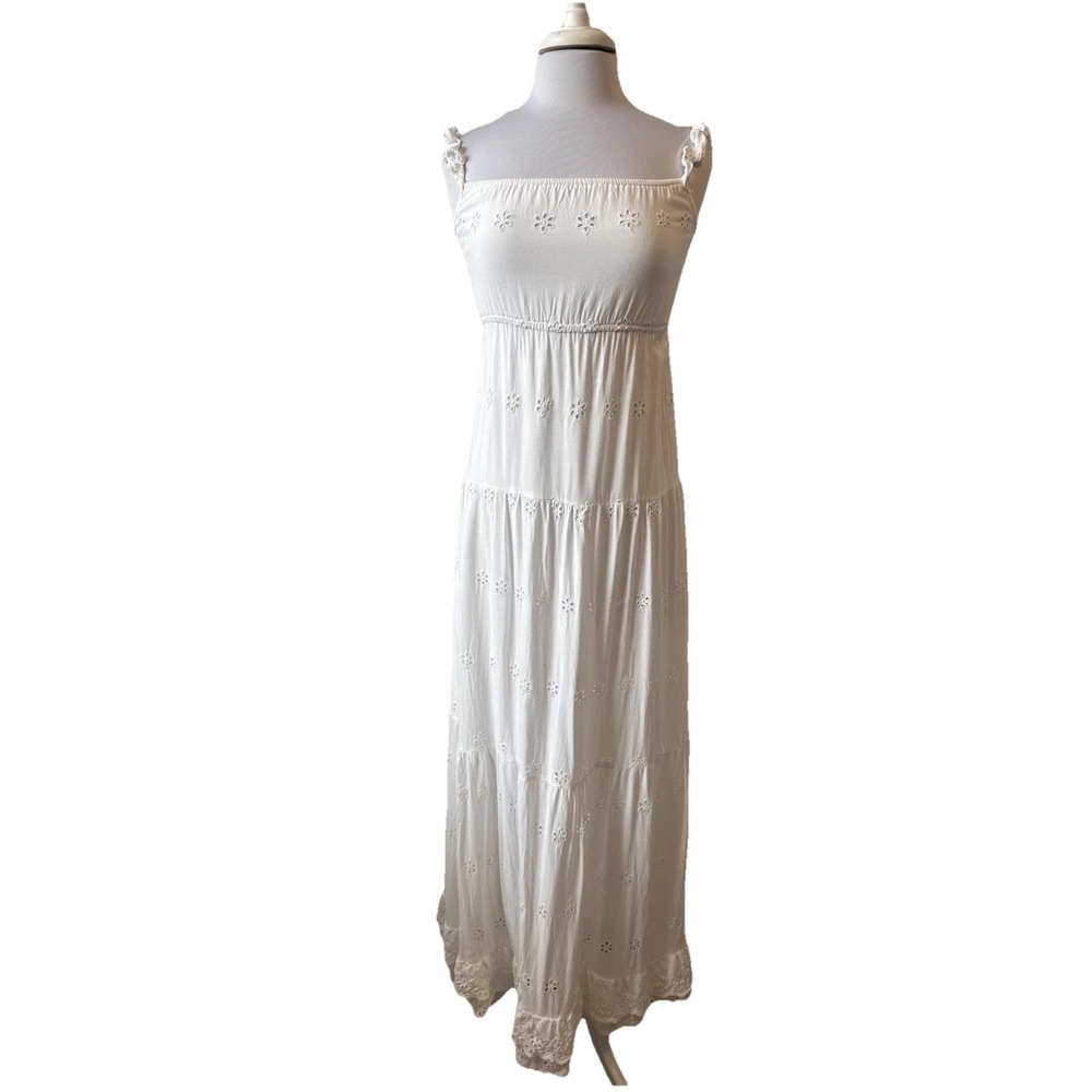Jessica Simpson White Eyelet Floral Ruffle Maxi Dress S Boho Cottagecore‎ Fairy